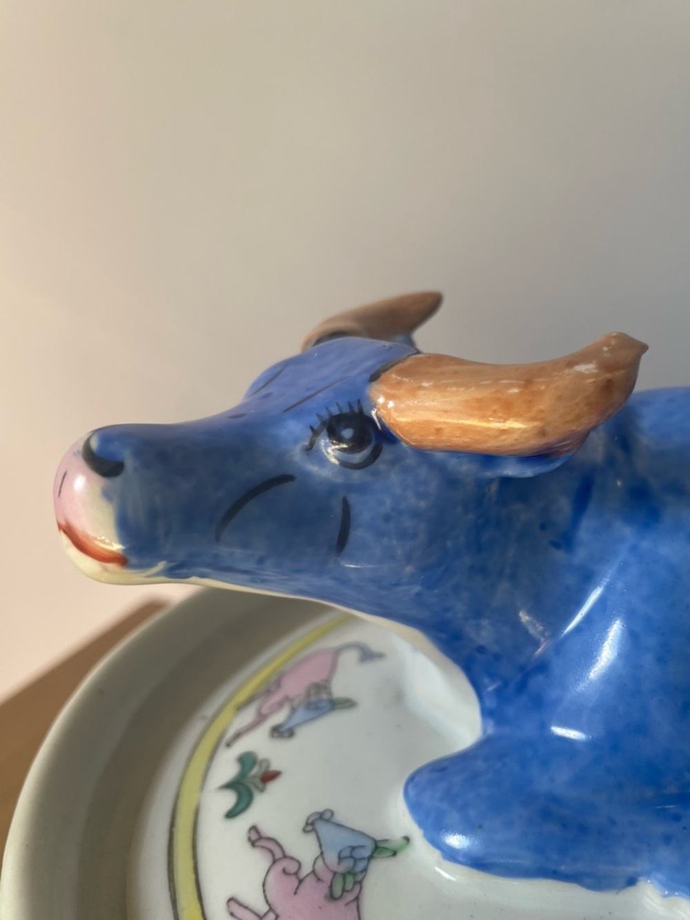 Rare Vintage Ceramic Blue Chinese Water Buffalo Ox Lidded Casserole Dish Tureen - Picture 4 of 14